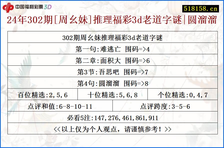 24年302期[周幺妹]推理福彩3d老道字谜|圆溜溜