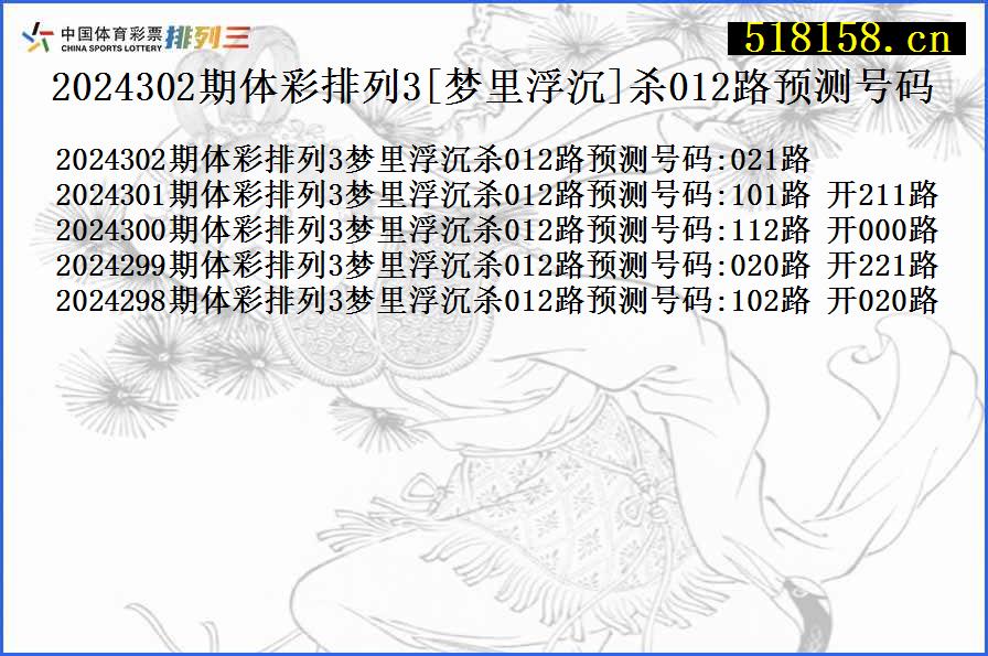 2024302期体彩排列3[梦里浮沉]杀012路预测号码