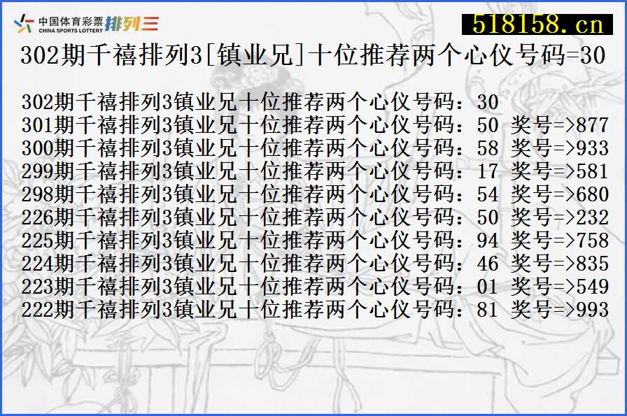 302期千禧排列3[镇业兄]十位推荐两个心仪号码=30