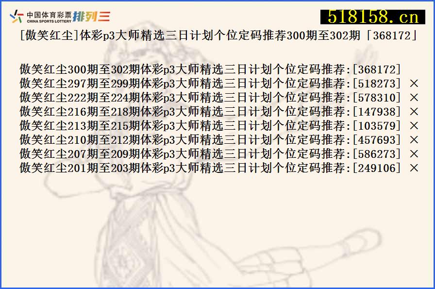 [傲笑红尘]体彩p3大师精选三日计划个位定码推荐300期至302期「368172」