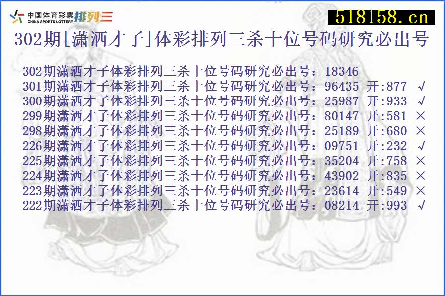 302期[潇洒才子]体彩排列三杀十位号码研究必出号