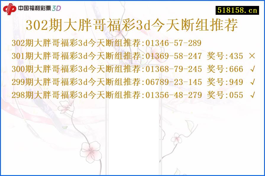 302期大胖哥福彩3d今天断组推荐