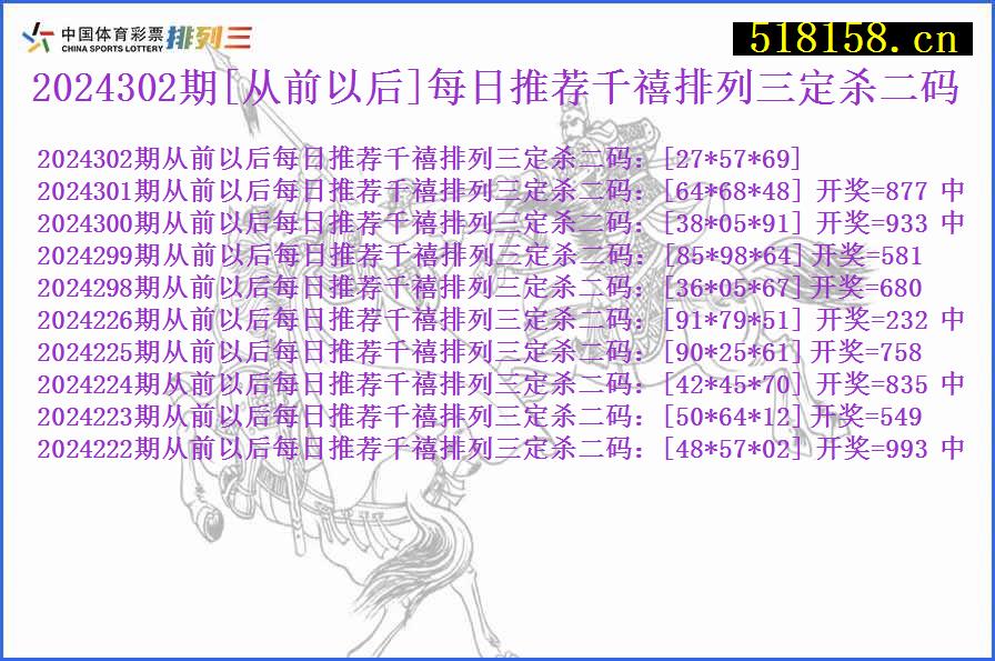 2024302期[从前以后]每日推荐千禧排列三定杀二码