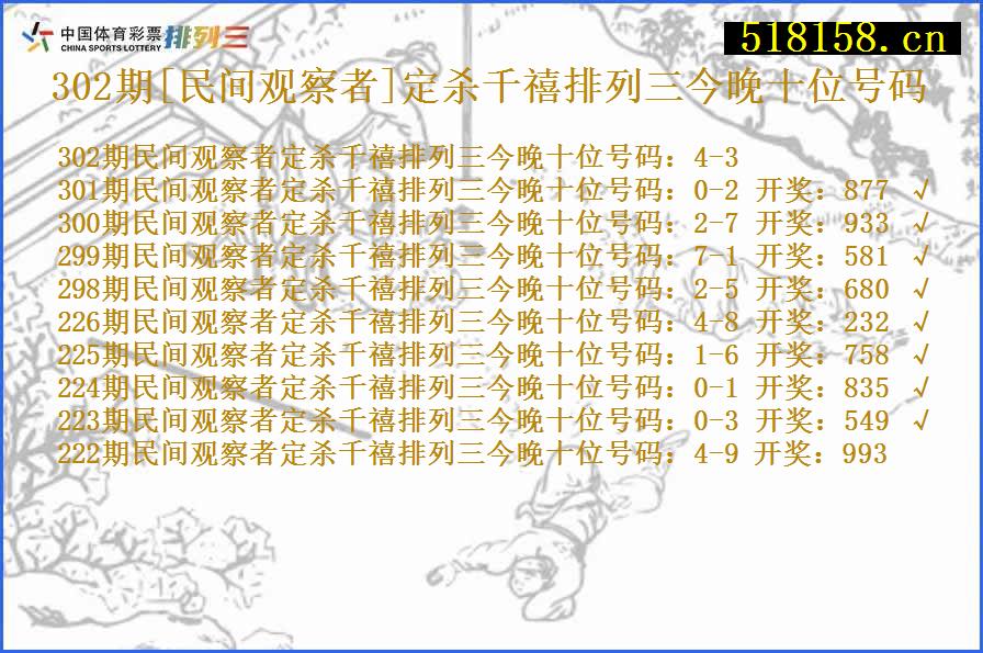 302期[民间观察者]定杀千禧排列三今晚十位号码