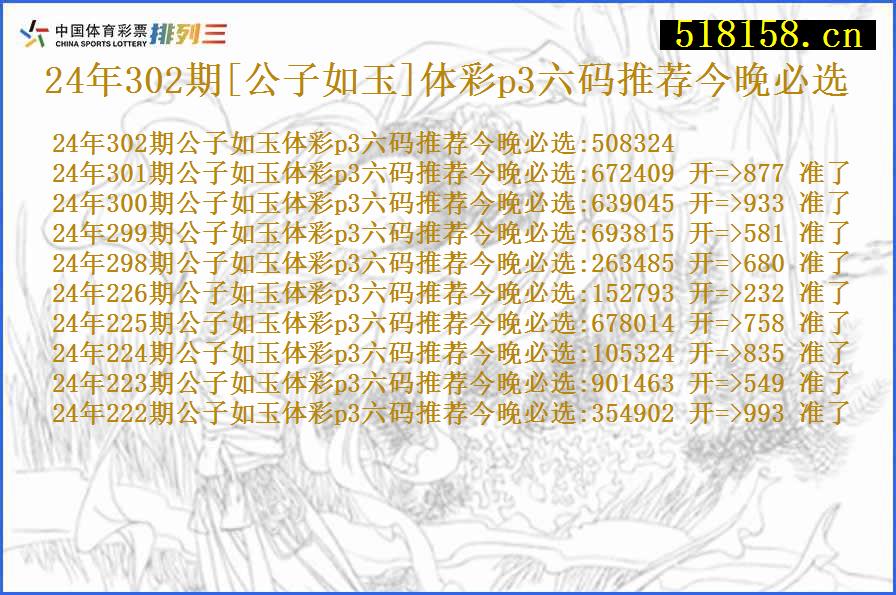 24年302期[公子如玉]体彩p3六码推荐今晚必选