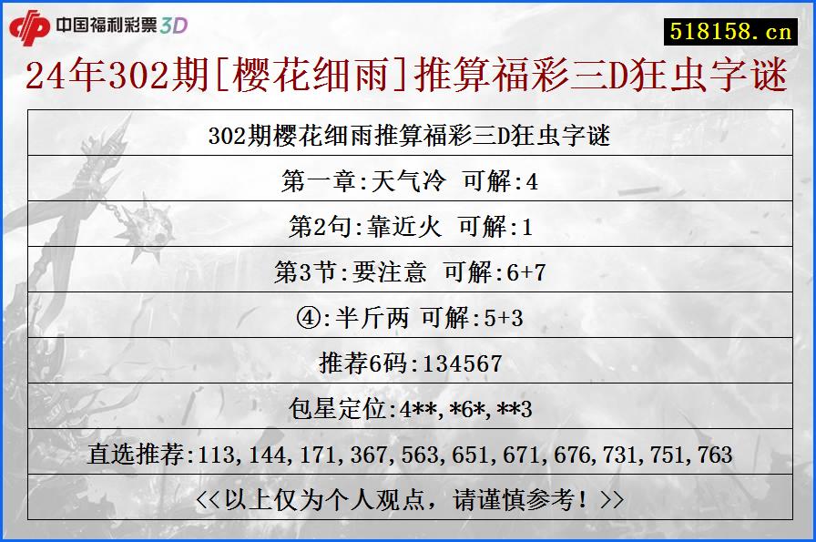 24年302期[樱花细雨]推算福彩三D狂虫字谜