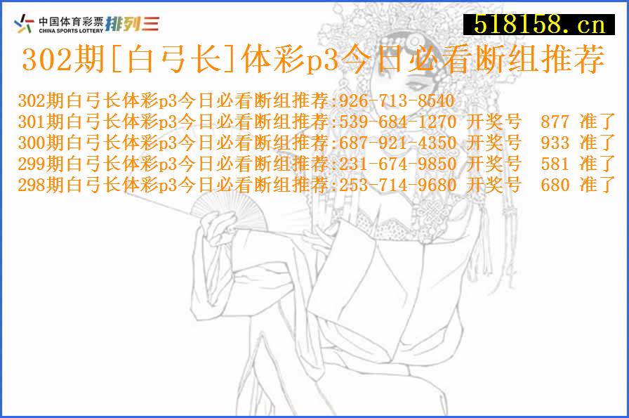 302期[白弓长]体彩p3今日必看断组推荐