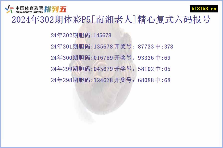 2024年302期体彩P5[南湘老人]精心复式六码报号