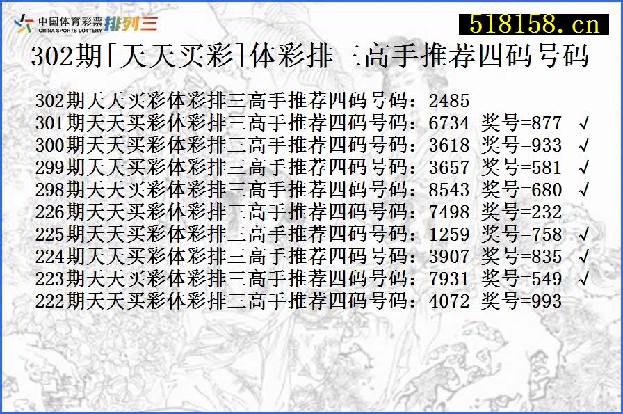 302期[天天买彩]体彩排三高手推荐四码号码