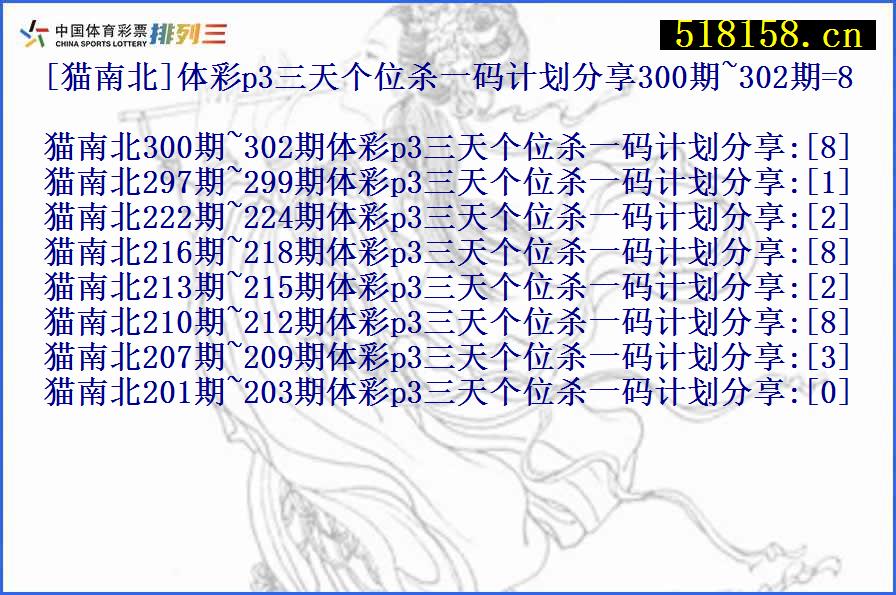 [猫南北]体彩p3三天个位杀一码计划分享300期~302期=8