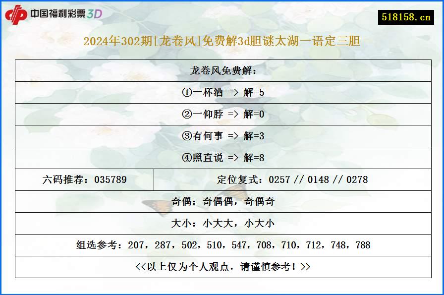 2024年302期[龙卷风]免费解3d胆谜太湖一语定三胆