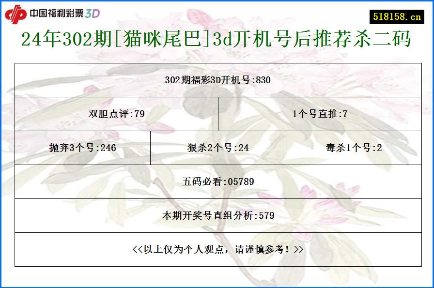 24年302期[猫咪尾巴]3d开机号后推荐杀二码