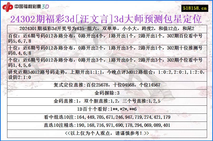 24302期福彩3d[汪文言]3d大师预测包星定位