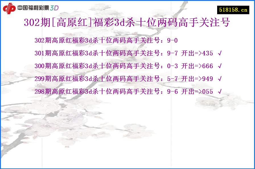 302期[高原红]福彩3d杀十位两码高手关注号