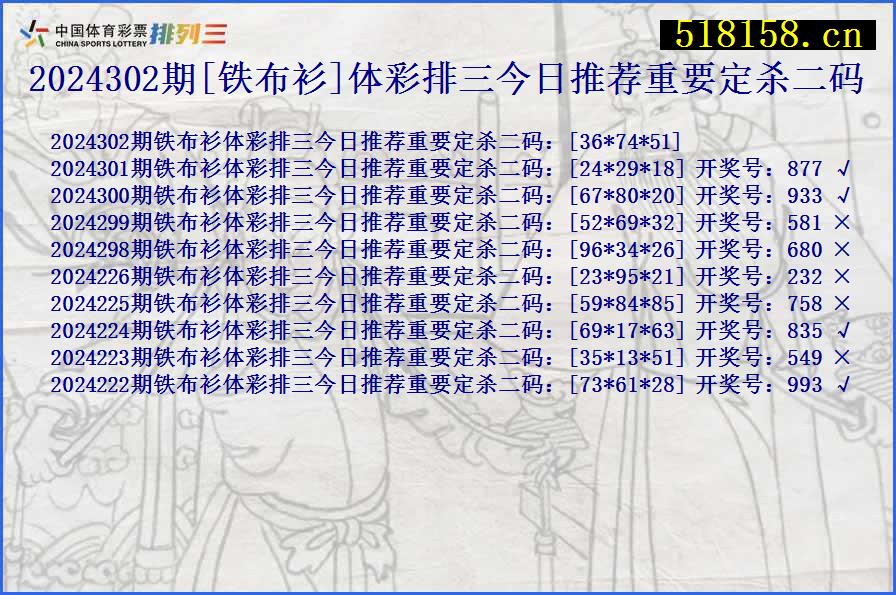 2024302期[铁布衫]体彩排三今日推荐重要定杀二码