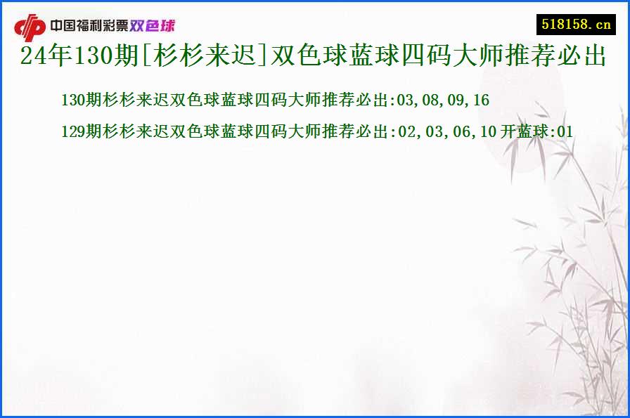 24年130期[杉杉来迟]双色球蓝球四码大师推荐必出