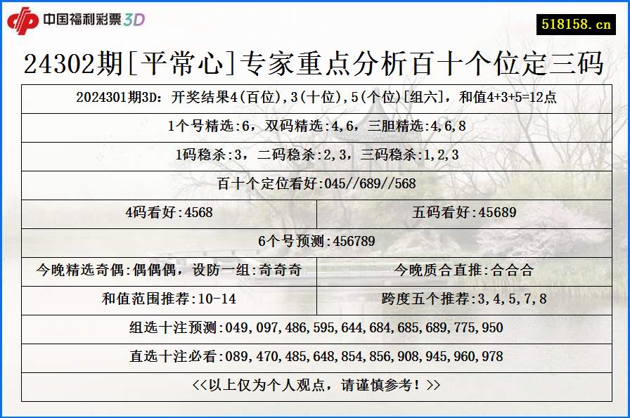 24302期[平常心]专家重点分析百十个位定三码