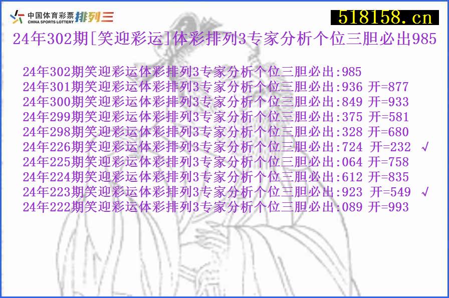 24年302期[笑迎彩运]体彩排列3专家分析个位三胆必出985