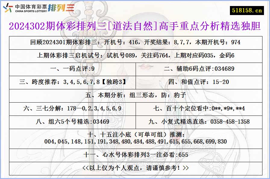 2024302期体彩排列三[道法自然]高手重点分析精选独胆