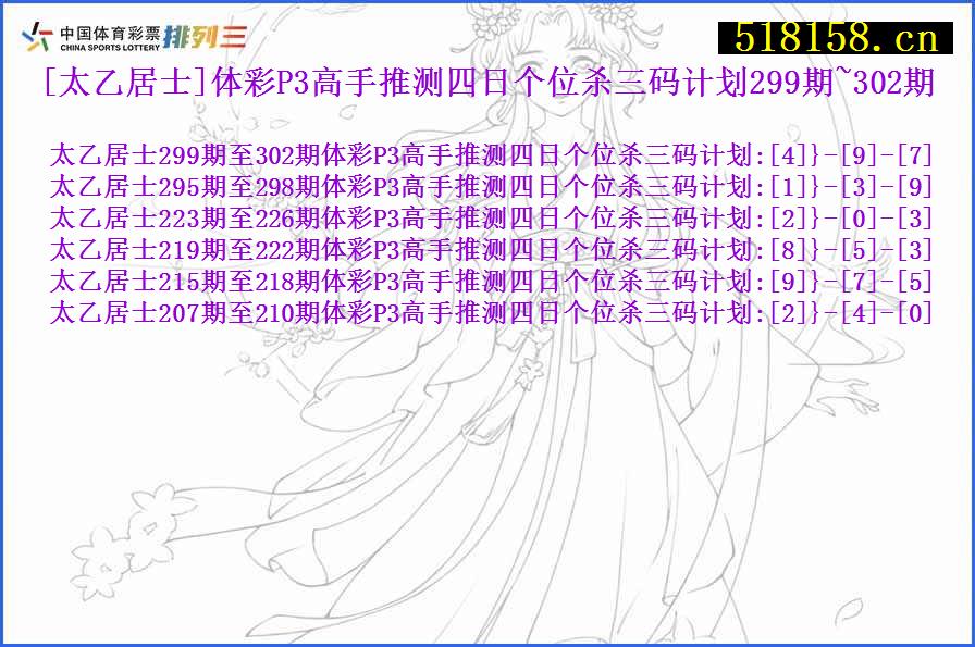 [太乙居士]体彩P3高手推测四日个位杀三码计划299期~302期