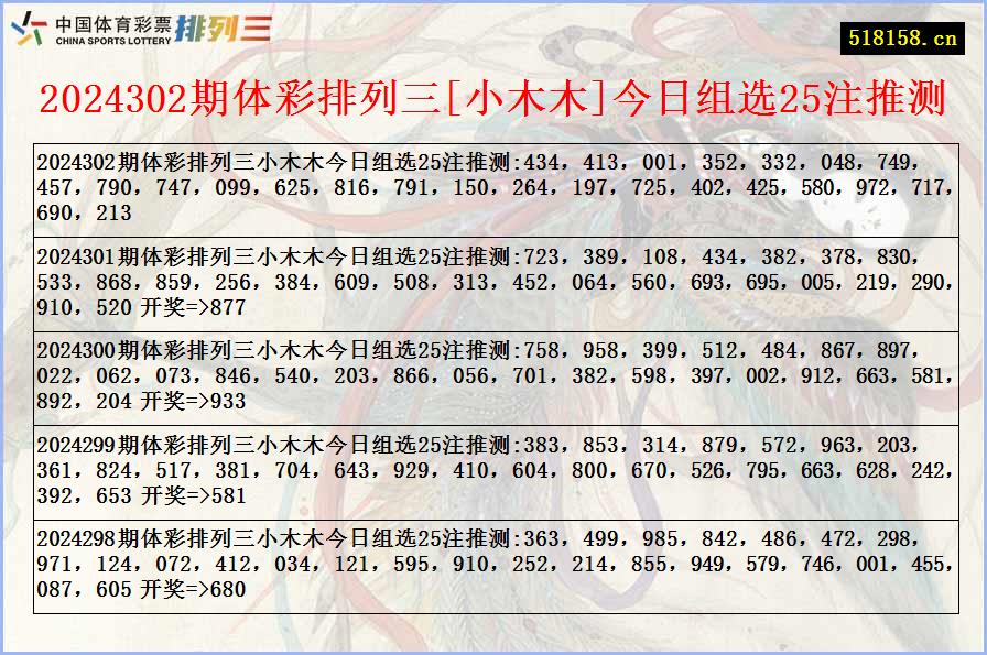 2024302期体彩排列三[小木木]今日组选25注推测