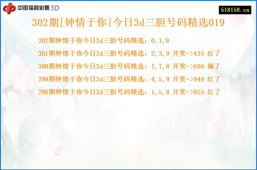 302期[钟情于你]今日3d三胆号码精选019