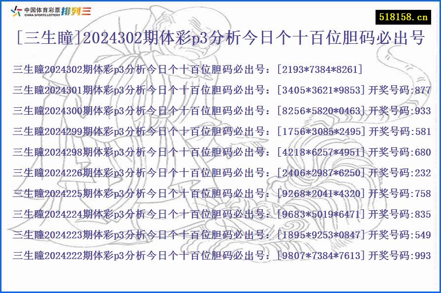 [三生瞳]2024302期体彩p3分析今日个十百位胆码必出号