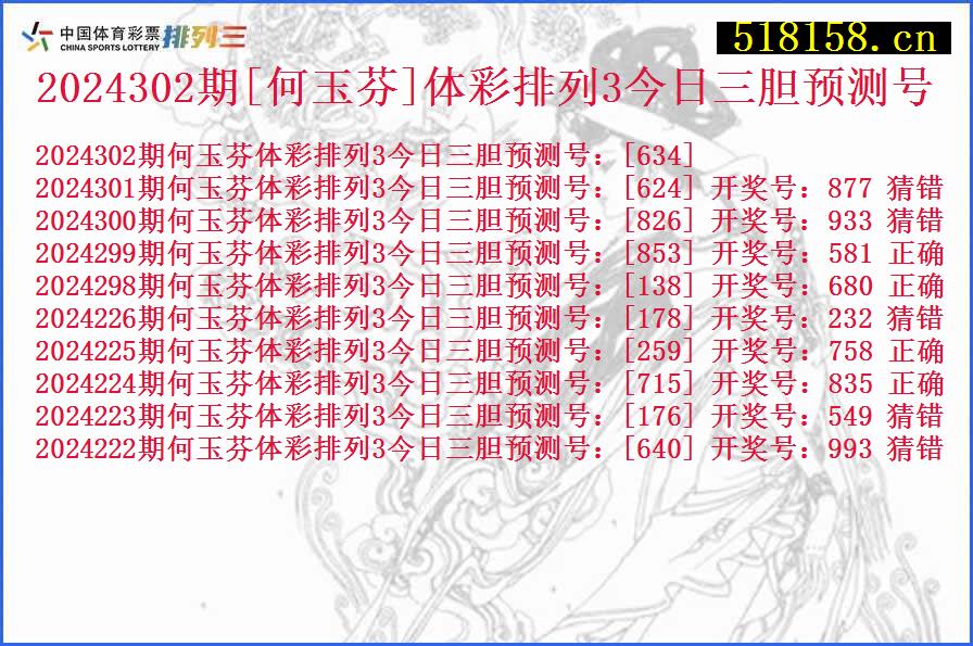 2024302期[何玉芬]体彩排列3今日三胆预测号