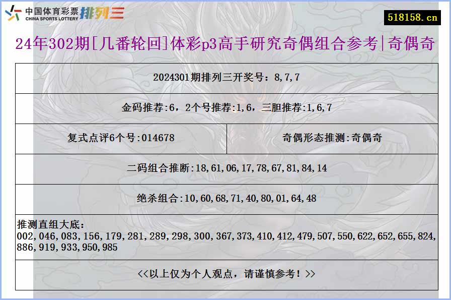 24年302期[几番轮回]体彩p3高手研究奇偶组合参考|奇偶奇