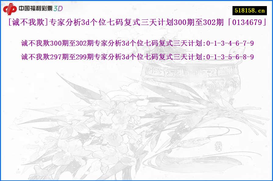 [诚不我欺]专家分析3d个位七码复式三天计划300期至302期「0134679」