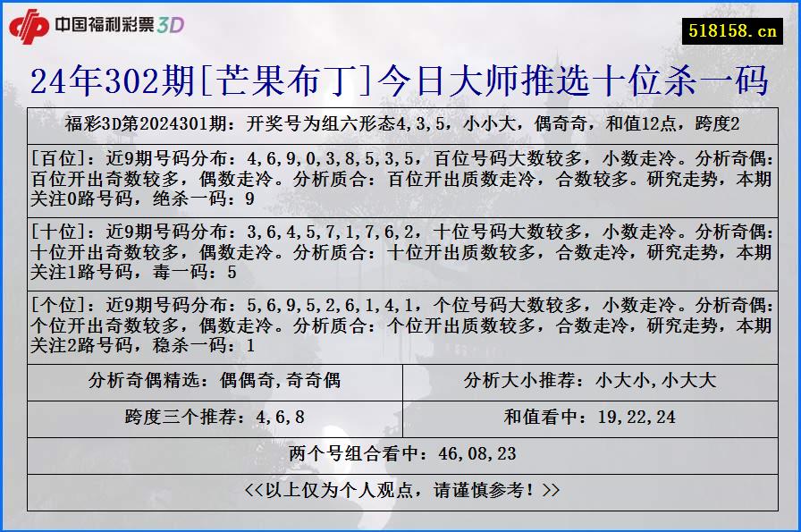 24年302期[芒果布丁]今日大师推选十位杀一码