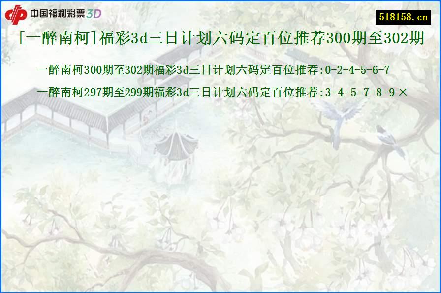 [一醉南柯]福彩3d三日计划六码定百位推荐300期至302期