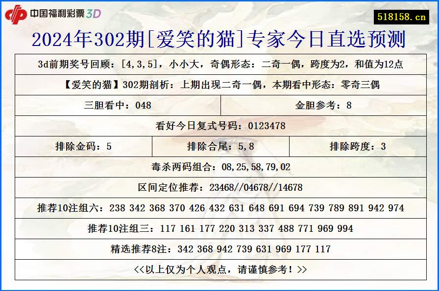 2024年302期[爱笑的猫]专家今日直选预测