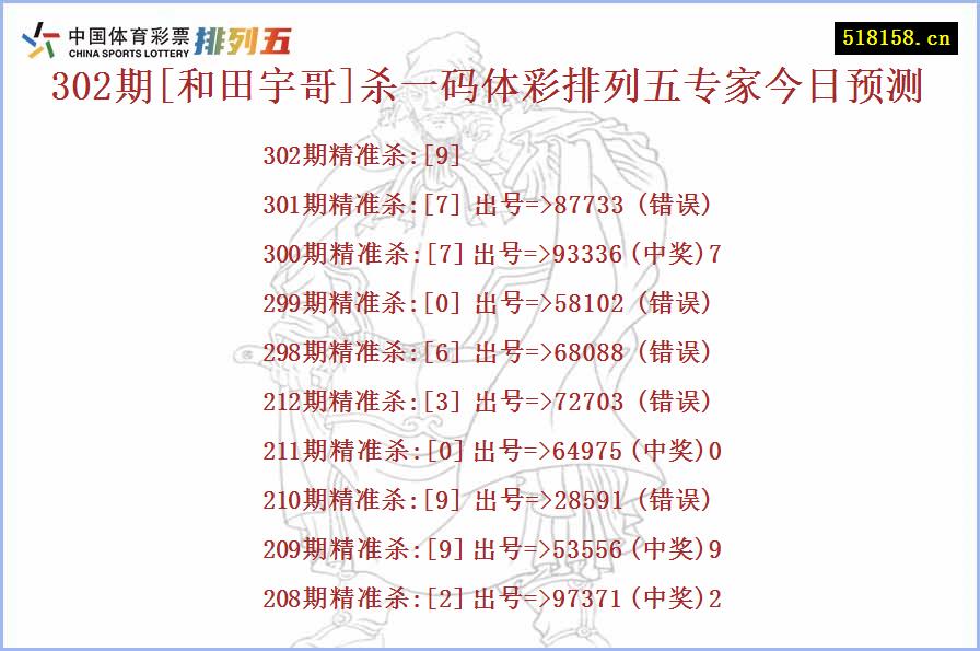 302期[和田宇哥]杀一码体彩排列五专家今日预测