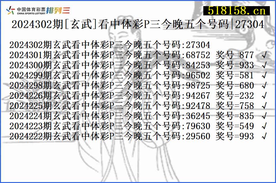 2024302期[玄武]看中体彩P三今晚五个号码|27304