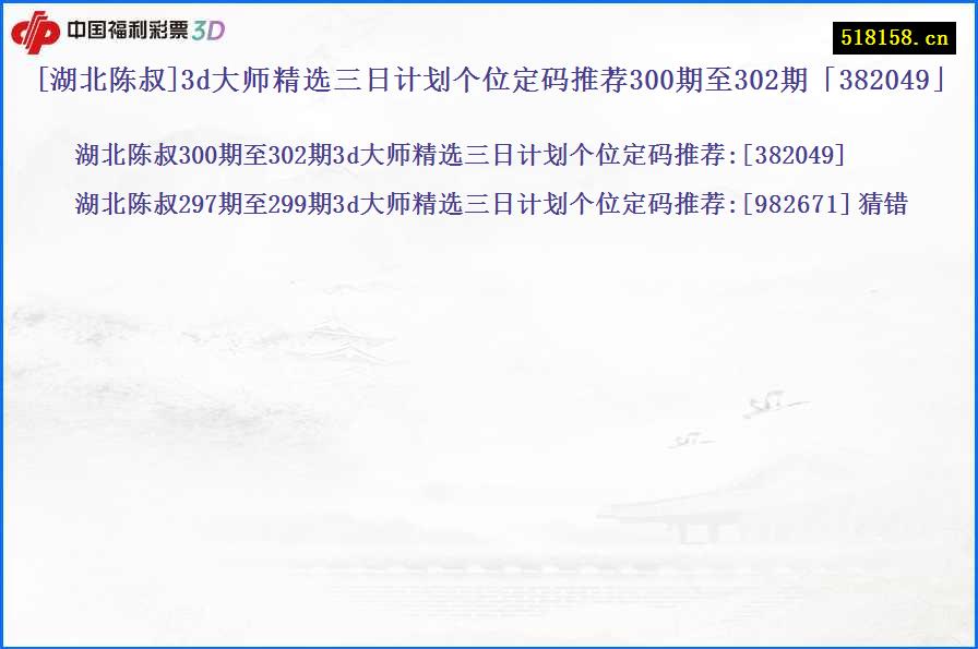 [湖北陈叔]3d大师精选三日计划个位定码推荐300期至302期「382049」