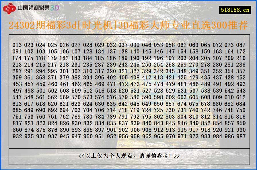 24302期福彩3d[时光机]3D福彩大师专业直选300推荐