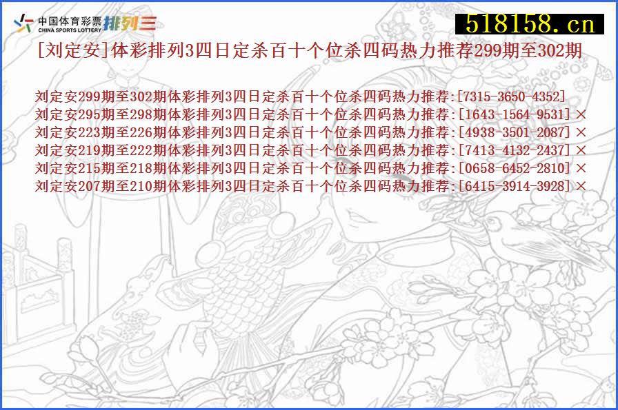 [刘定安]体彩排列3四日定杀百十个位杀四码热力推荐299期至302期