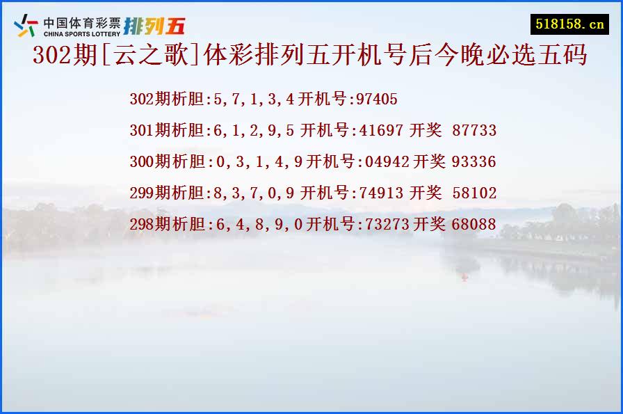 302期[云之歌]体彩排列五开机号后今晚必选五码