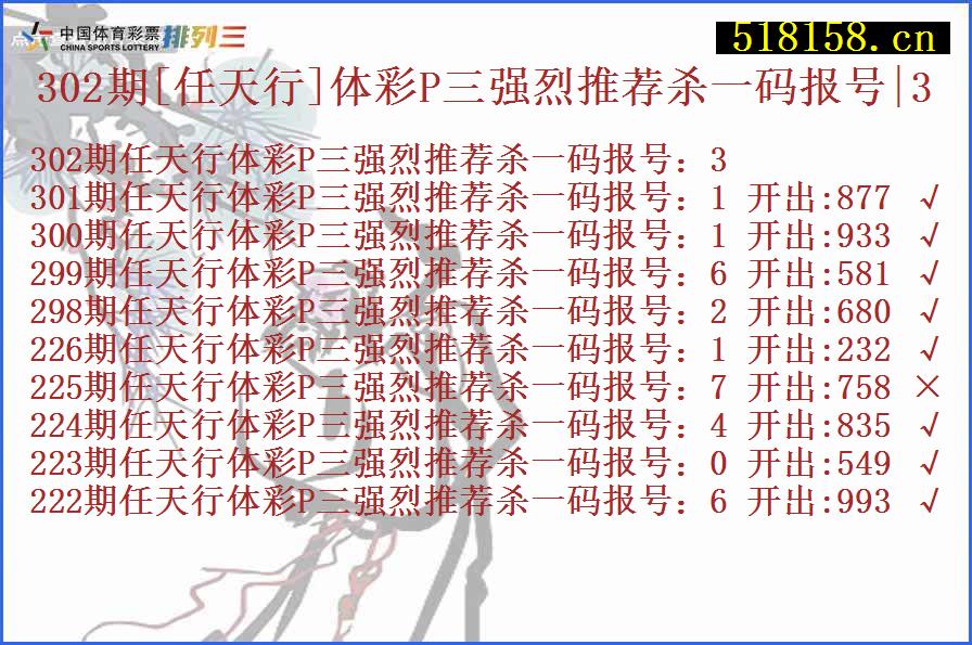 302期[任天行]体彩P三强烈推荐杀一码报号|3