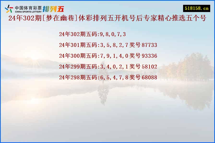 24年302期[梦在幽巷]体彩排列五开机号后专家精心推选五个号