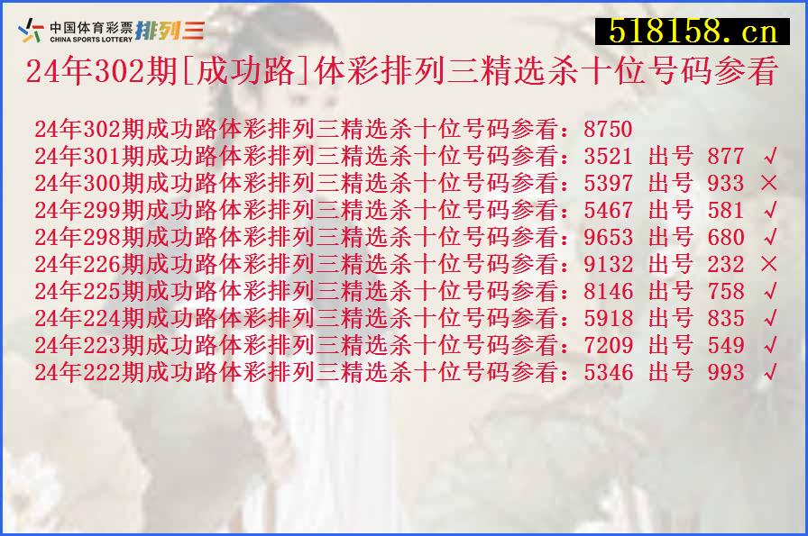 24年302期[成功路]体彩排列三精选杀十位号码参看