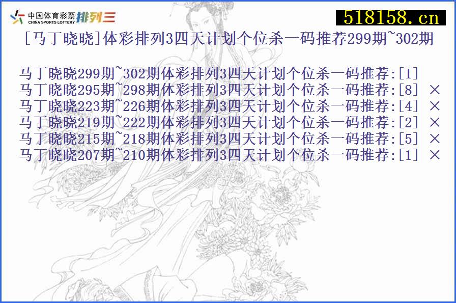 [马丁晓晓]体彩排列3四天计划个位杀一码推荐299期~302期