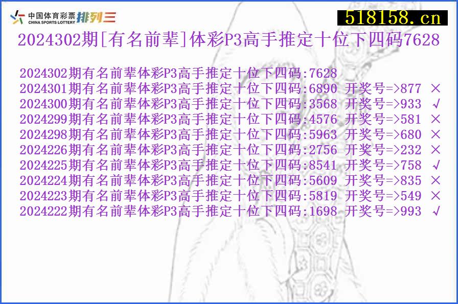 2024302期[有名前辈]体彩P3高手推定十位下四码7628