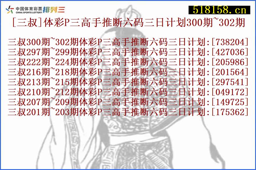 [三叔]体彩P三高手推断六码三日计划300期~302期