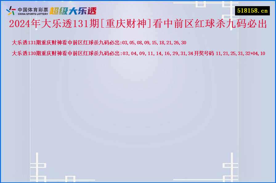 2024年大乐透131期[重庆财神]看中前区红球杀九码必出