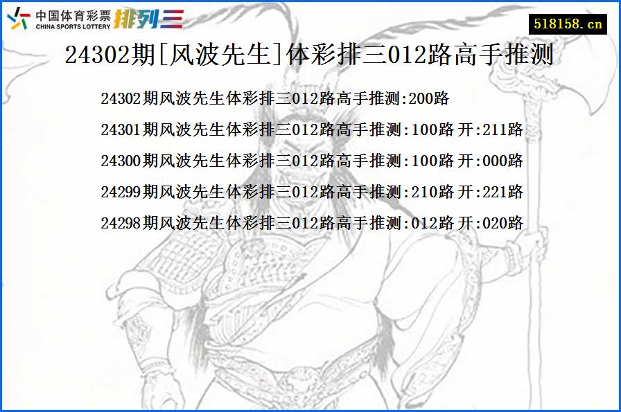 24302期[风波先生]体彩排三012路高手推测