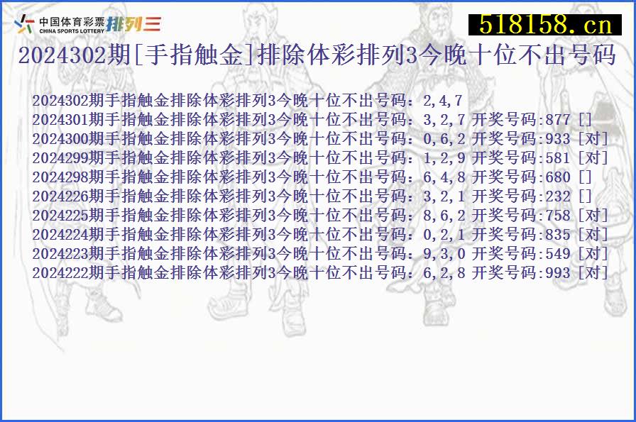 2024302期[手指触金]排除体彩排列3今晚十位不出号码