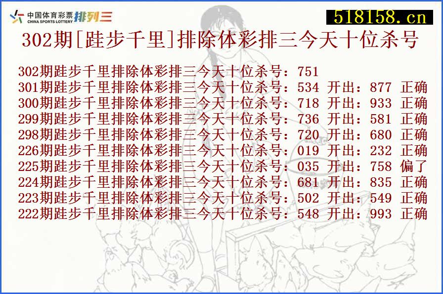 302期[跬步千里]排除体彩排三今天十位杀号