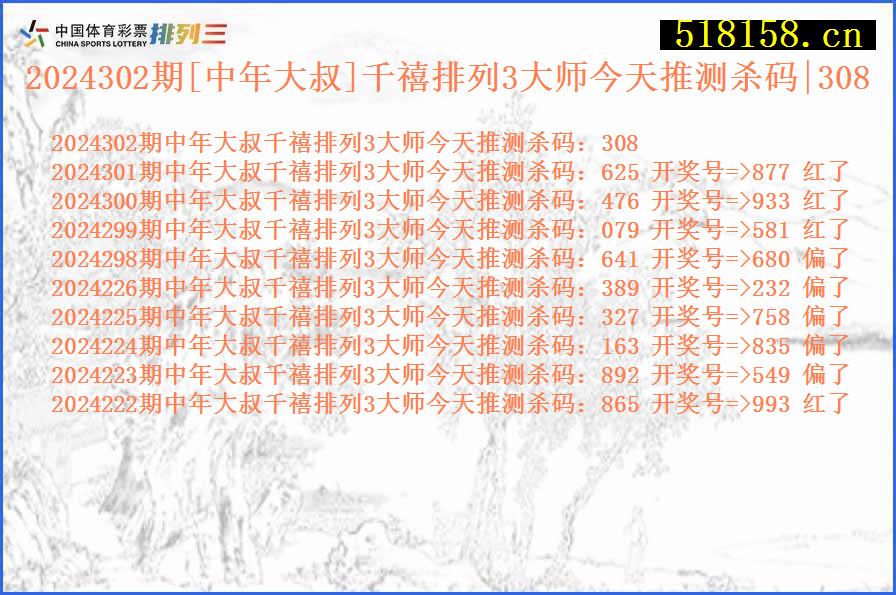 2024302期[中年大叔]千禧排列3大师今天推测杀码|308